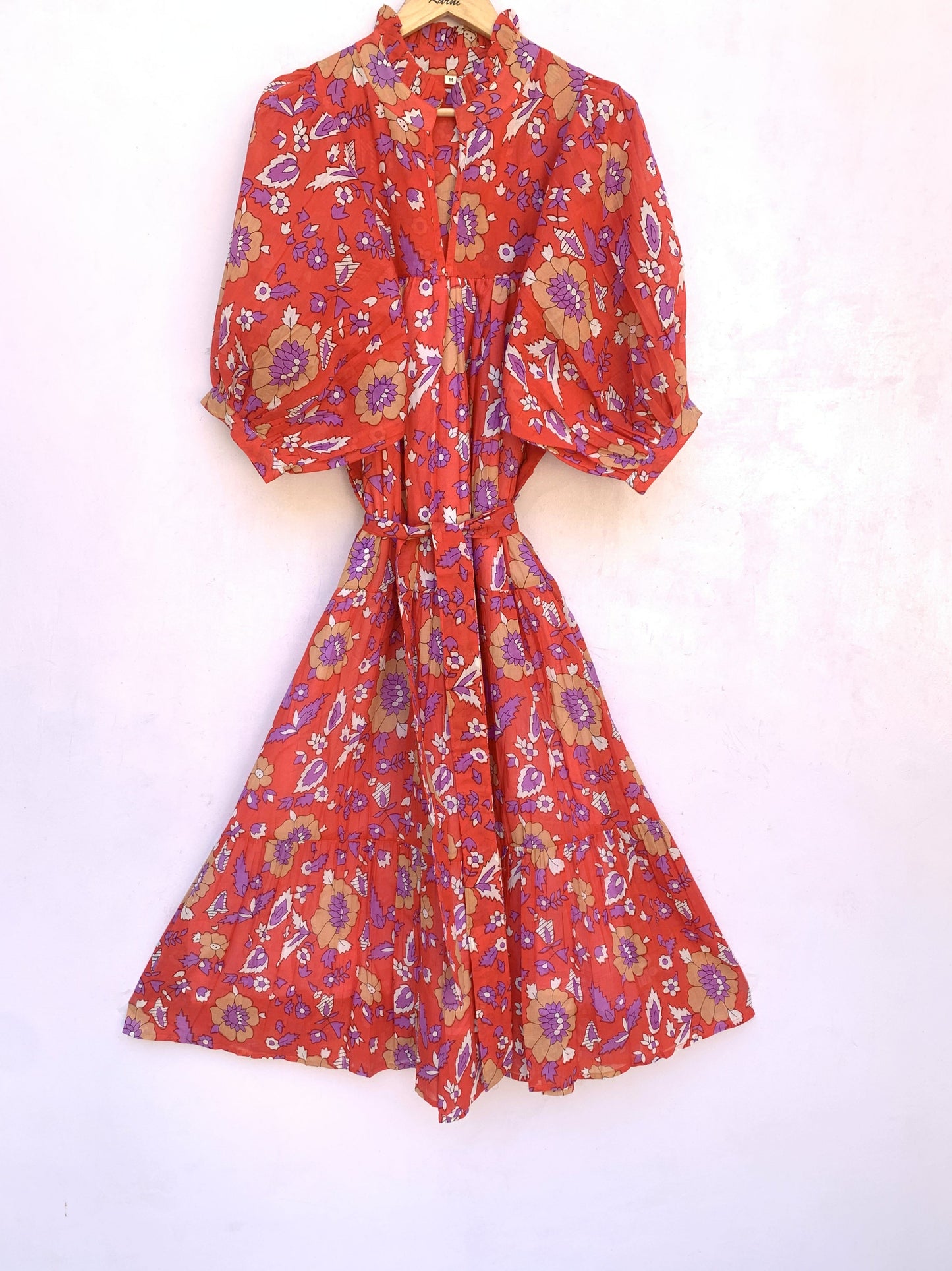 cotton red purple floral screen printed women's maxi dress
