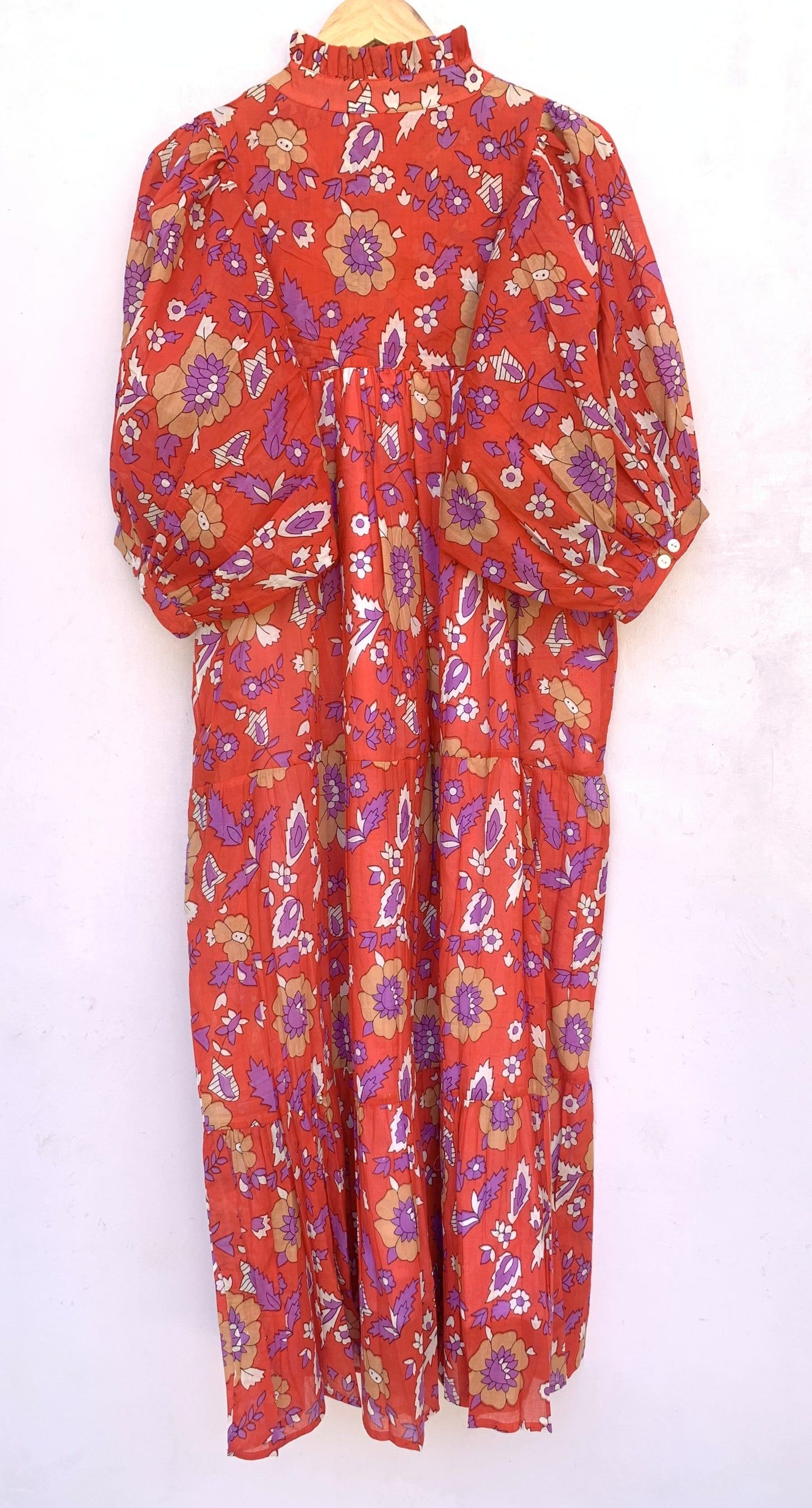 cotton red purple floral screen printed women's maxi dress