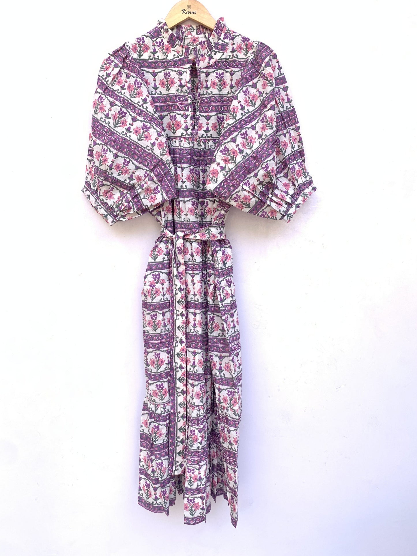 indian purple green floral hand block printed women's maxi dress