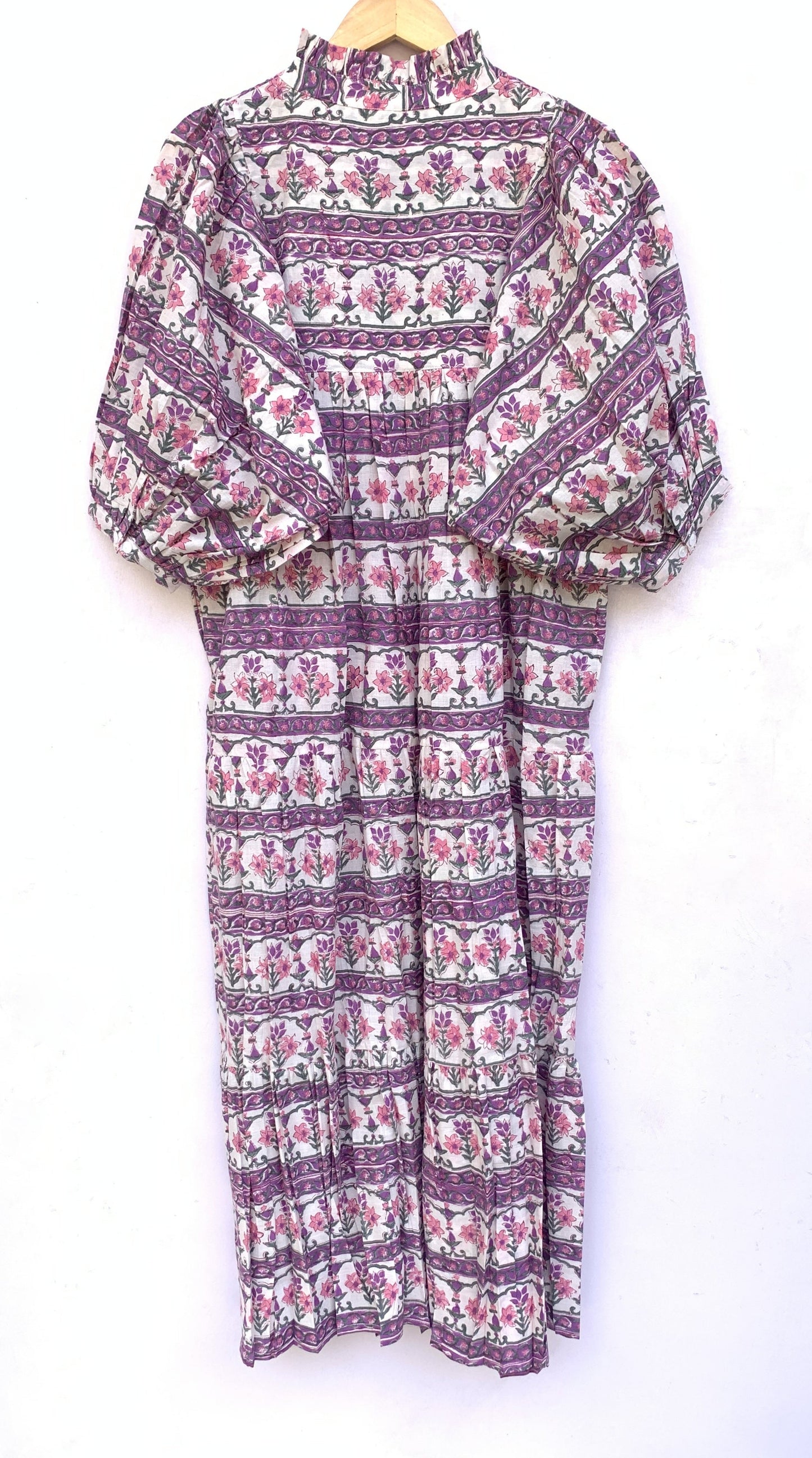 indian purple green floral hand block printed women's maxi dress