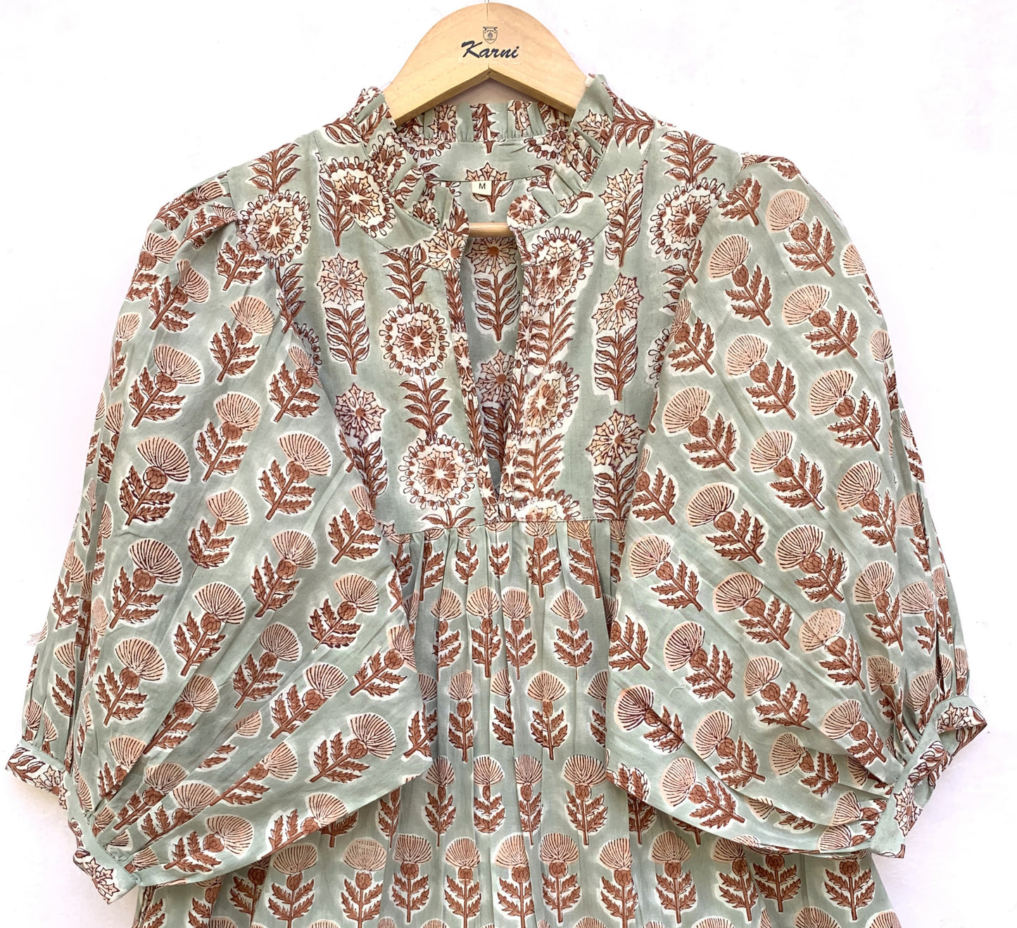 indian gray brown floral block printed women's maxi dress