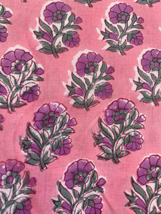 pink green floral hand block printed women's maxi dress