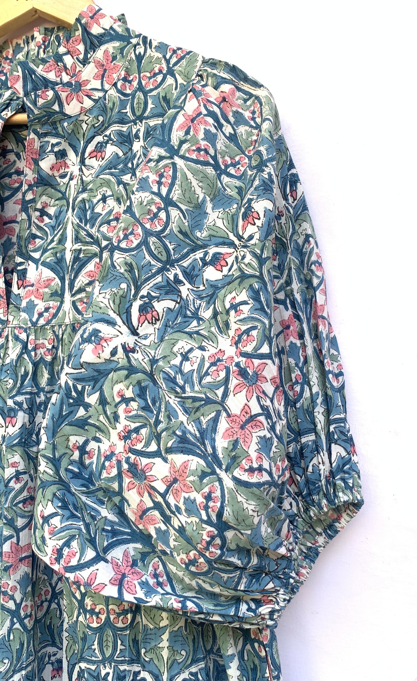 cotton green red floral hand block printed women's maxi dress