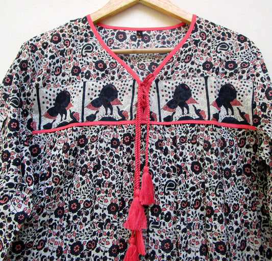 black small flower print blouse with tassels