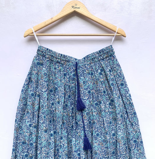 cotton blue floral screen printed women's maxi skirts