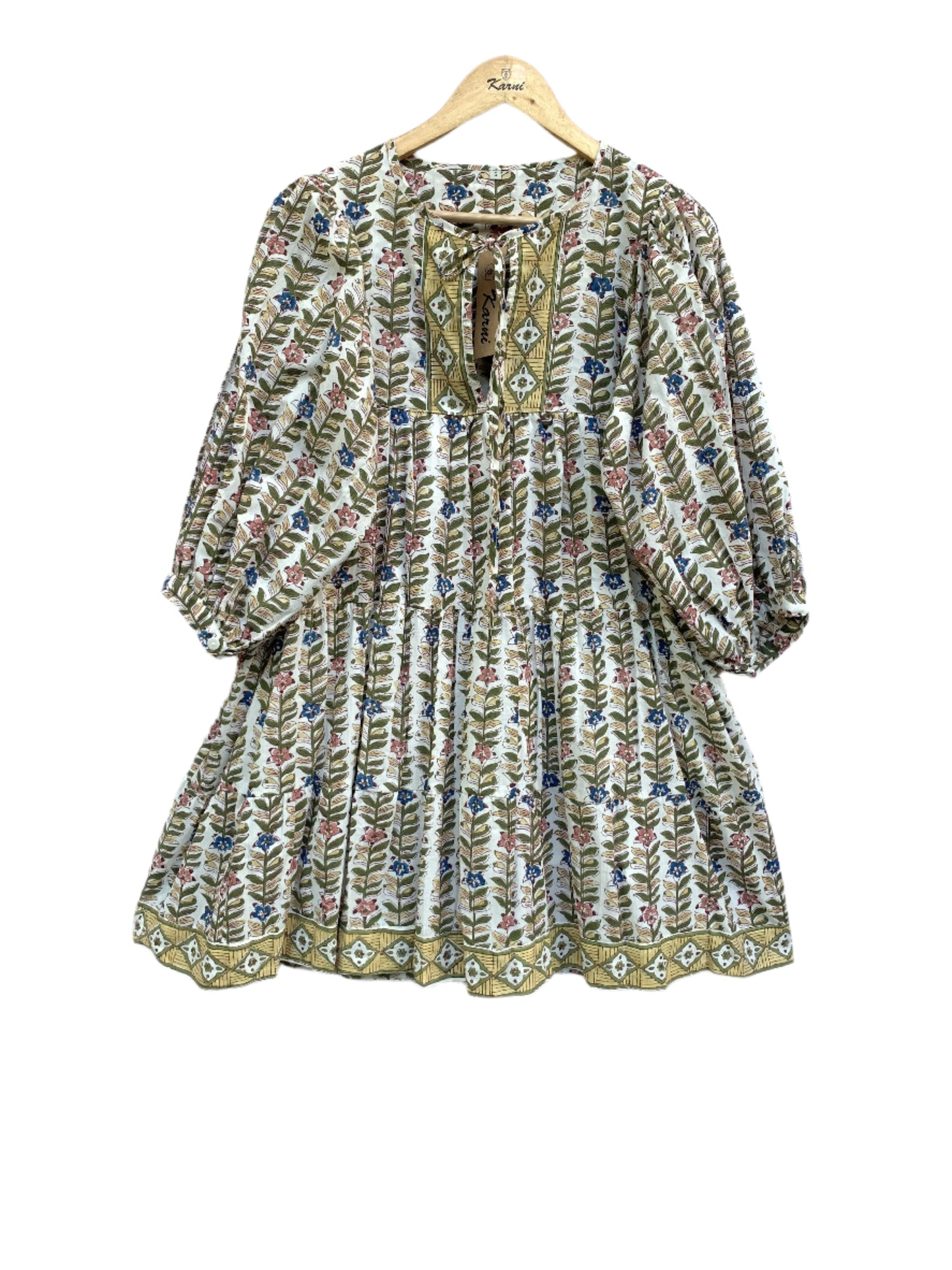 multicoloured leaf print cotton mini dress with balloon sleeves