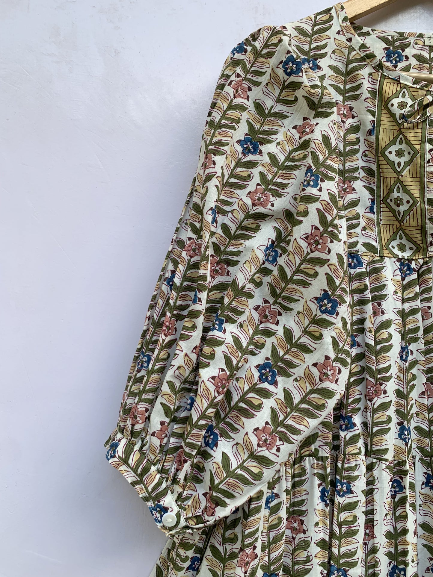 multicoloured leaf print cotton mini dress with balloon sleeves