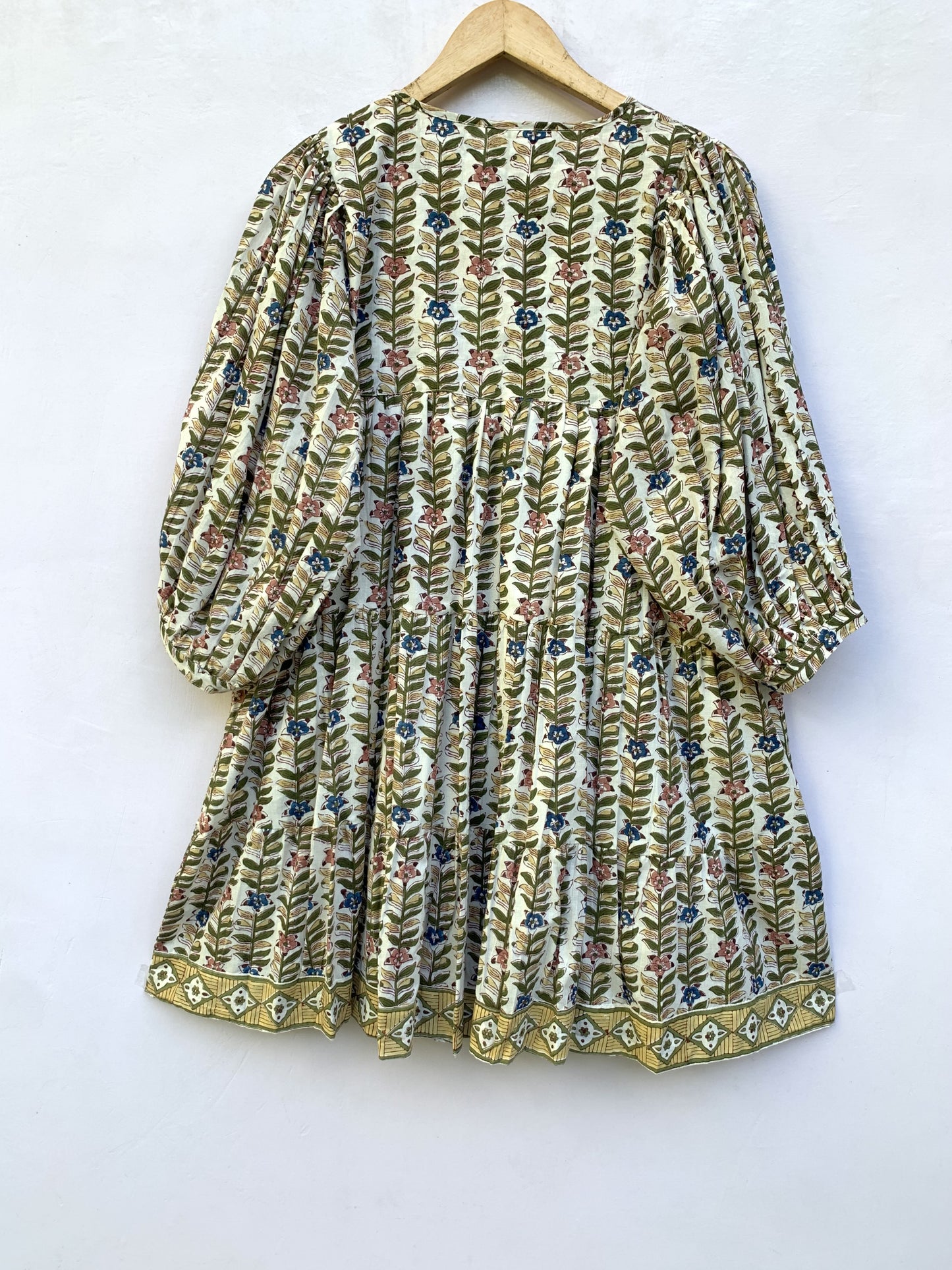 multicoloured leaf print cotton mini dress with balloon sleeves