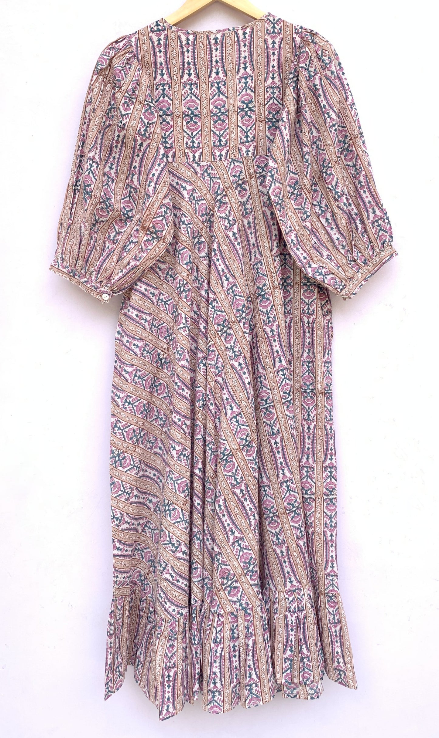 indian cotton purple green floral hand block printed women's maxi dress