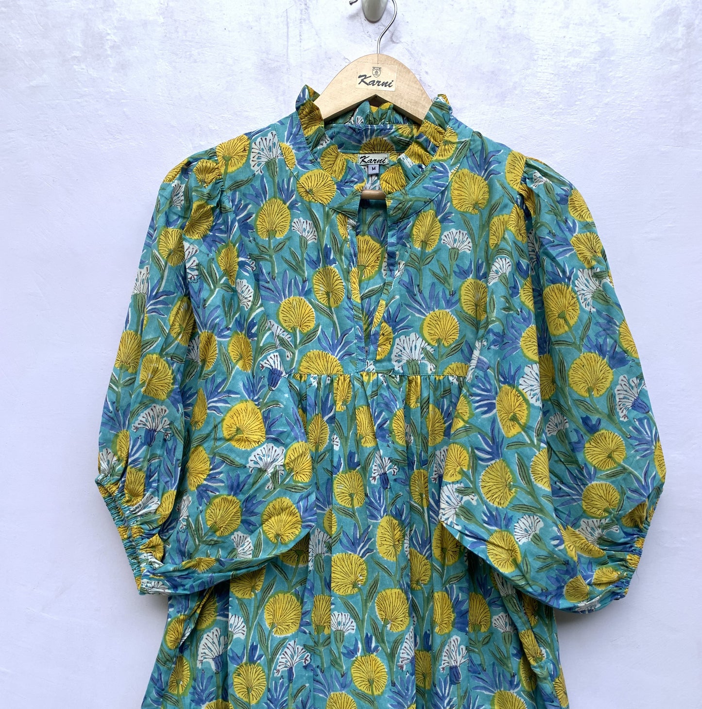bohemian green-yellow floral block printed women's maxi dress - boho dress with belt