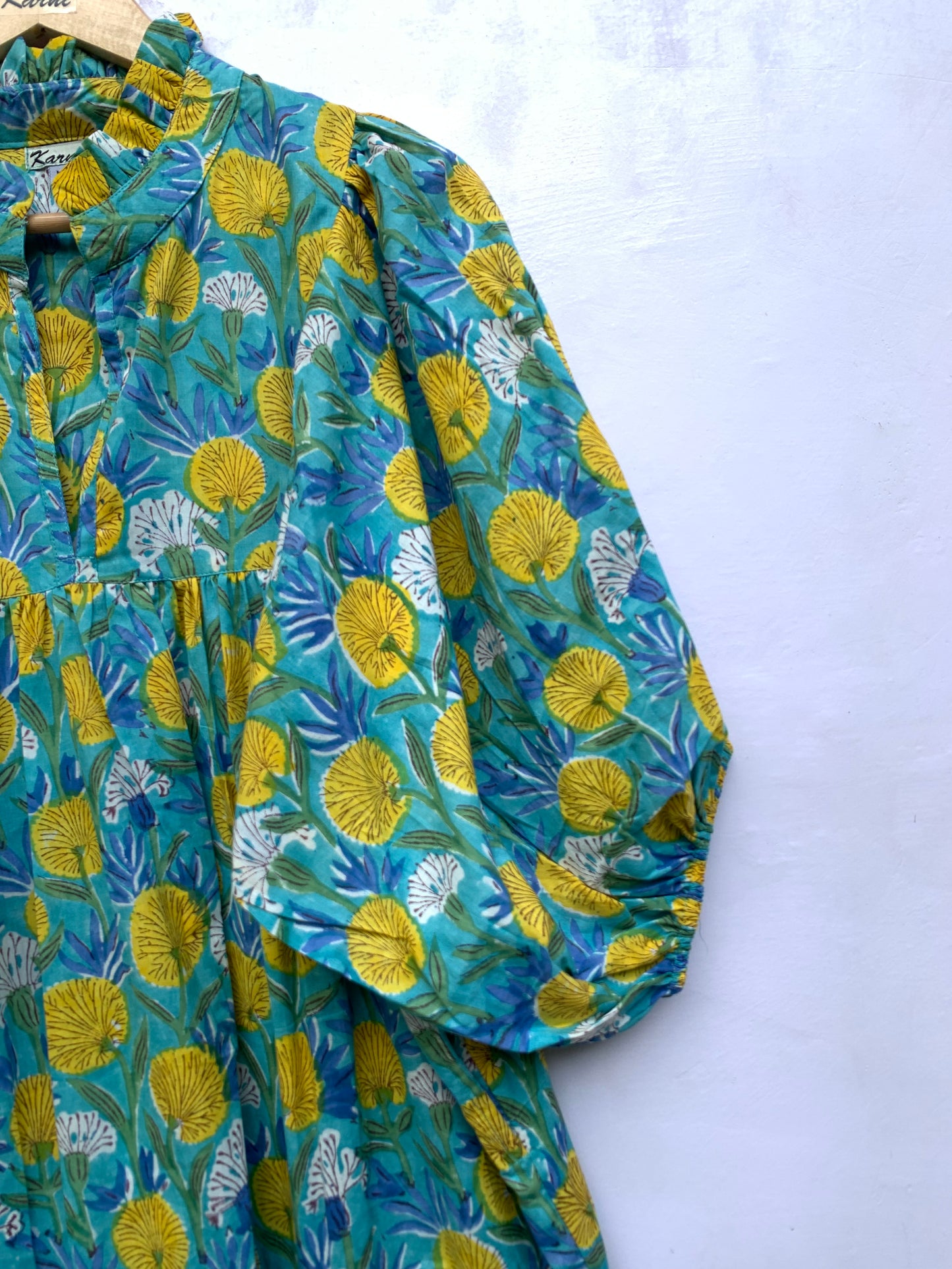 bohemian green-yellow floral block printed women's maxi dress - boho dress with belt