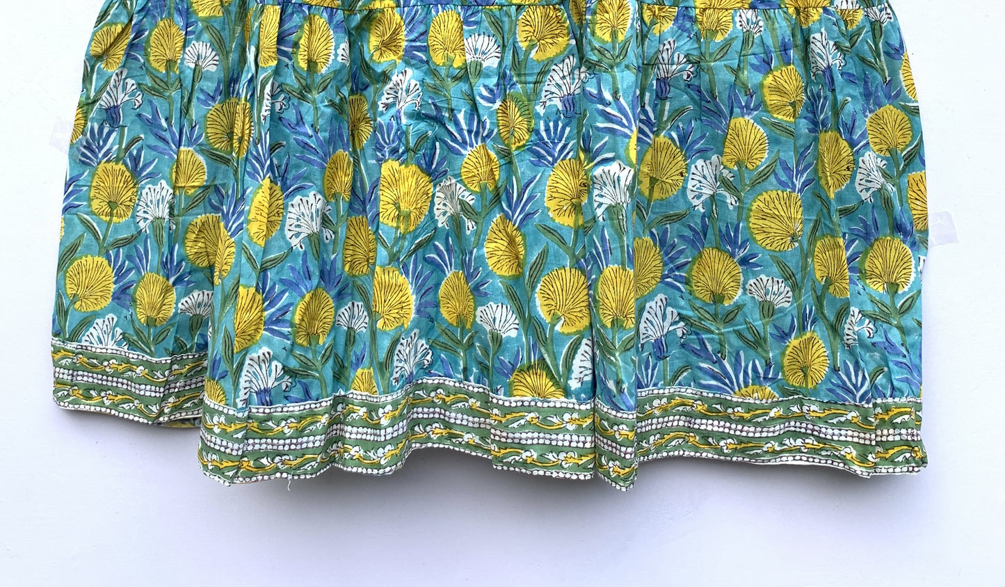bohemian green-yellow floral block printed women's maxi dress - boho dress with belt