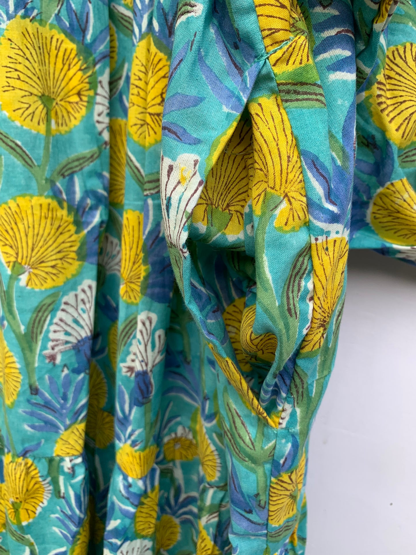 bohemian green-yellow floral block printed women's maxi dress - boho dress with belt