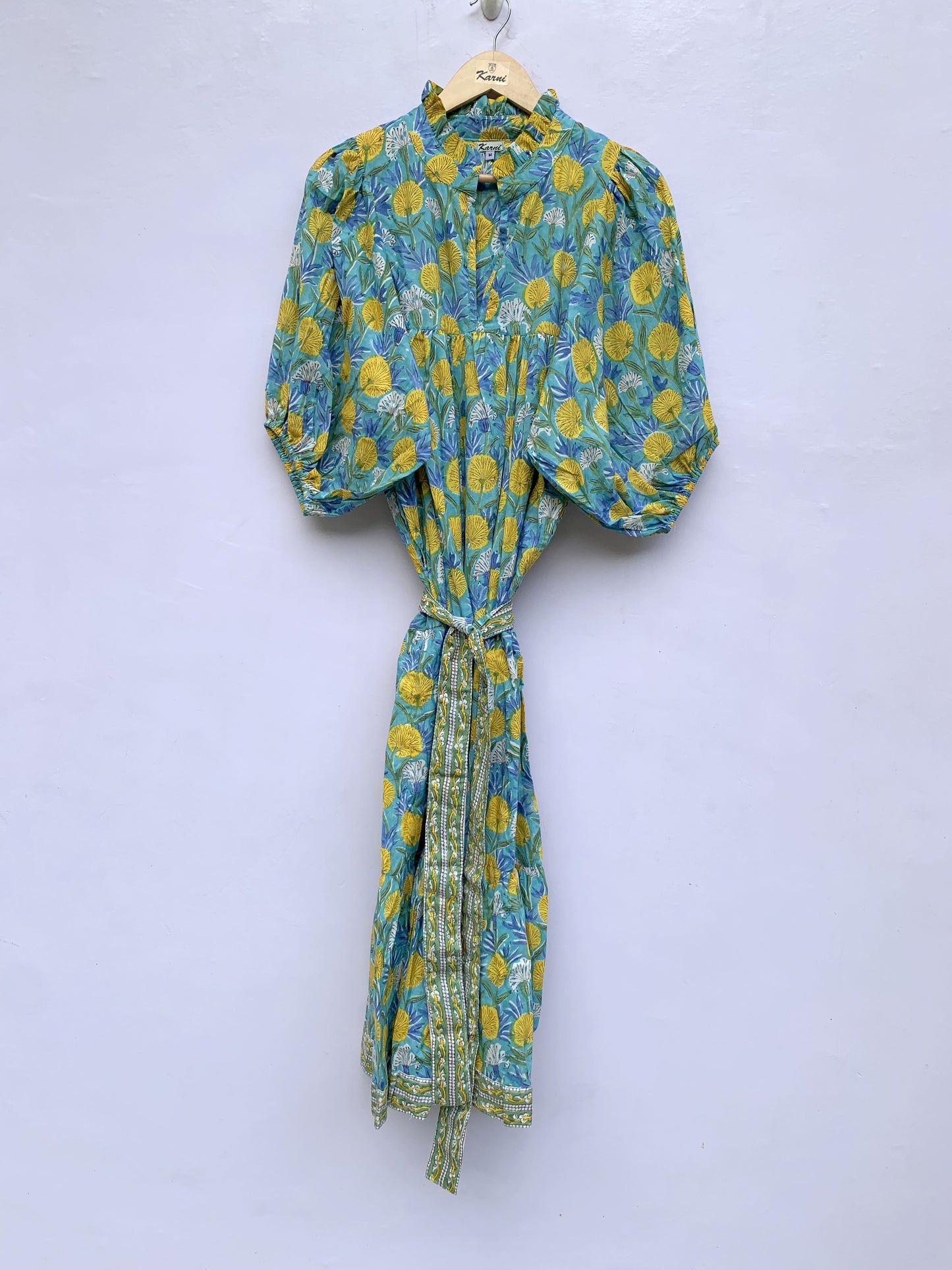 bohemian green-yellow floral block printed women's maxi dress - boho dress with belt
