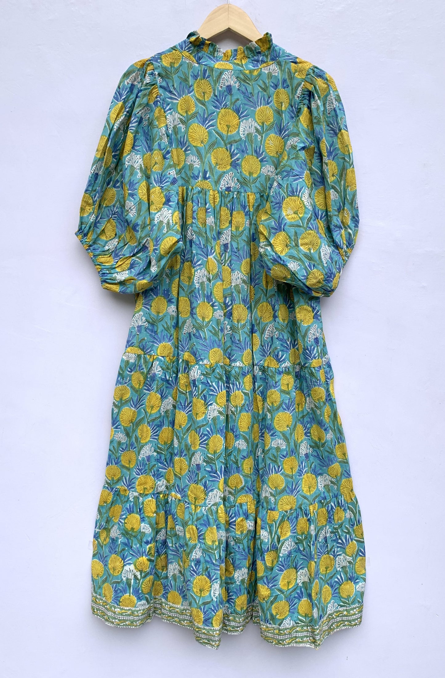 bohemian green-yellow floral block printed women's maxi dress - boho dress with belt