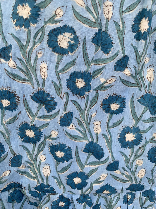 Sky Blue Botanical Hand Block Print Cotton Maxi Dress – Boho Puff Sleeve Tiered Style