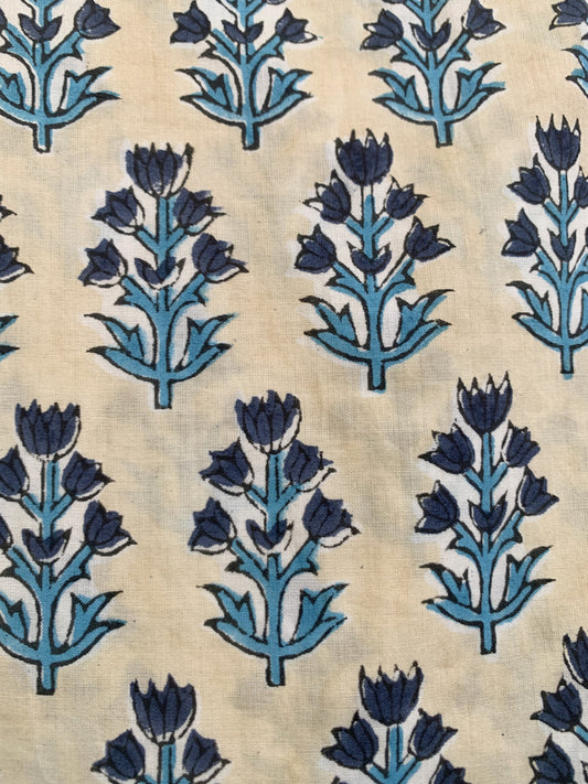 Cream Teal Floral Hand Block Print Cotton Maxi Dress – Boho Puff Sleeve Tiered Summer Dress