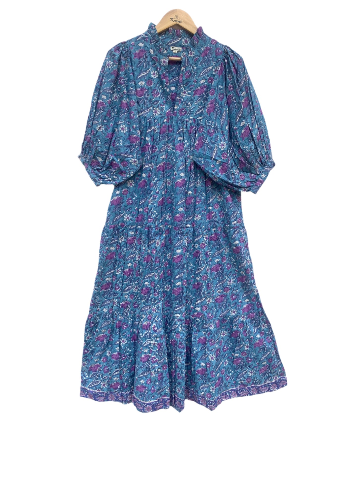 cotton blue-purple floral block printed women's maxi dress - frill collar with belt long maxi dress - 3/4th sleeves boho dress