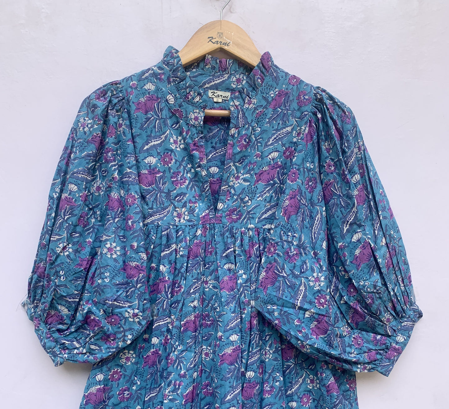cotton blue-purple floral block printed women's maxi dress - frill collar with belt long maxi dress - 3/4th sleeves boho dress
