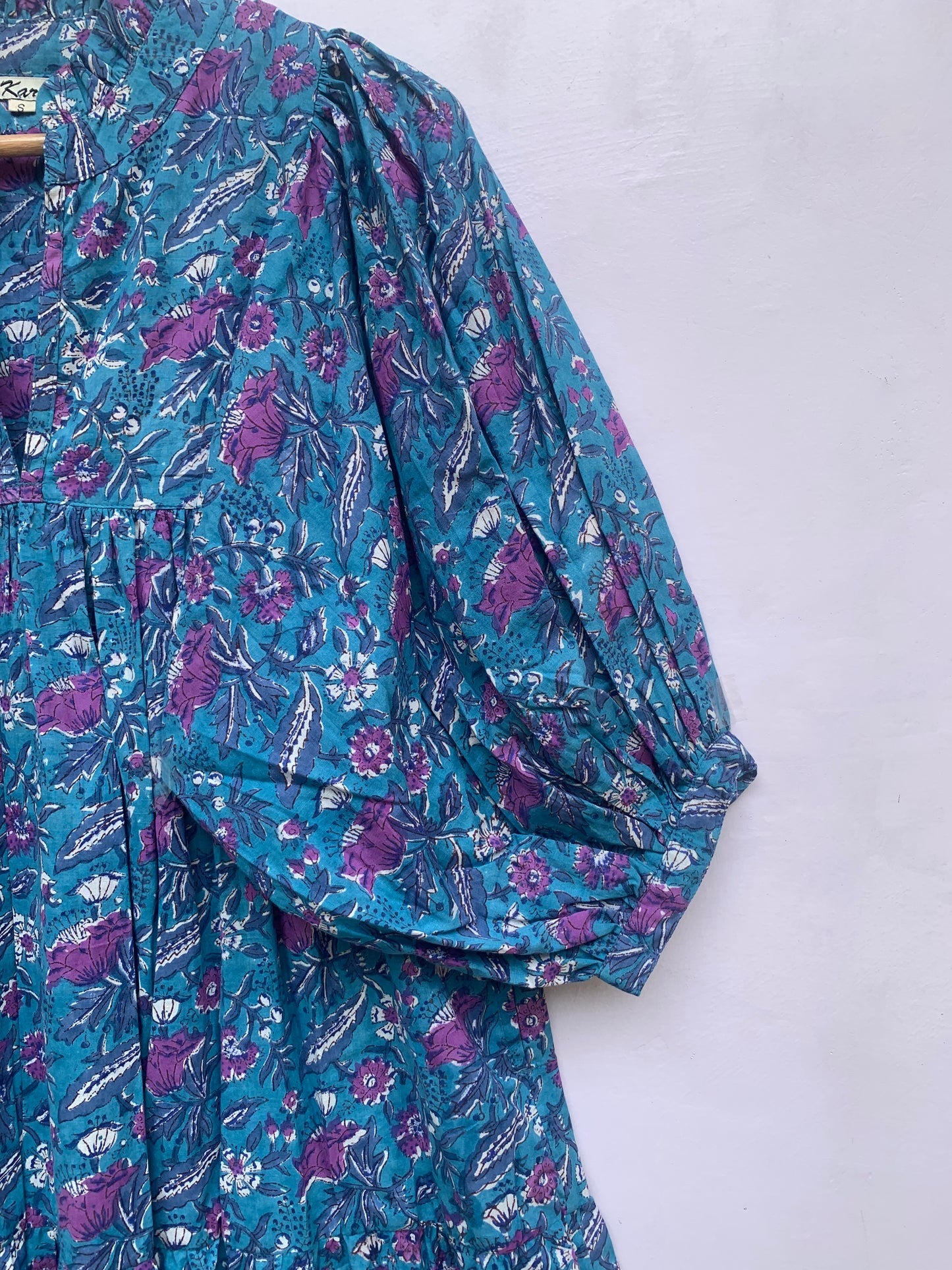 cotton blue-purple floral block printed women's maxi dress - frill collar with belt long maxi dress - 3/4th sleeves boho dress