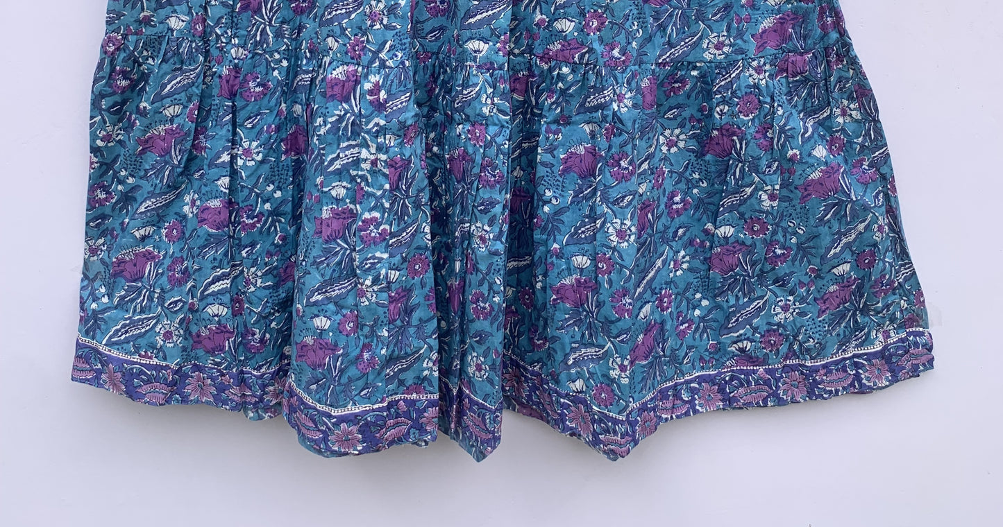cotton blue-purple floral block printed women's maxi dress - frill collar with belt long maxi dress - 3/4th sleeves boho dress