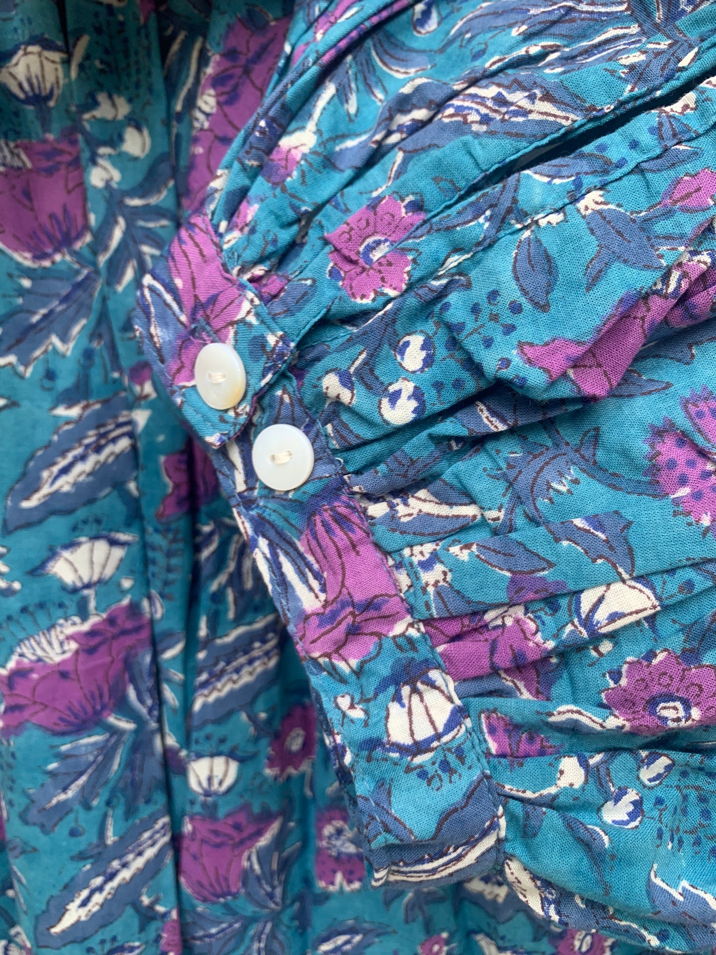cotton blue-purple floral block printed women's maxi dress - frill collar with belt long maxi dress - 3/4th sleeves boho dress