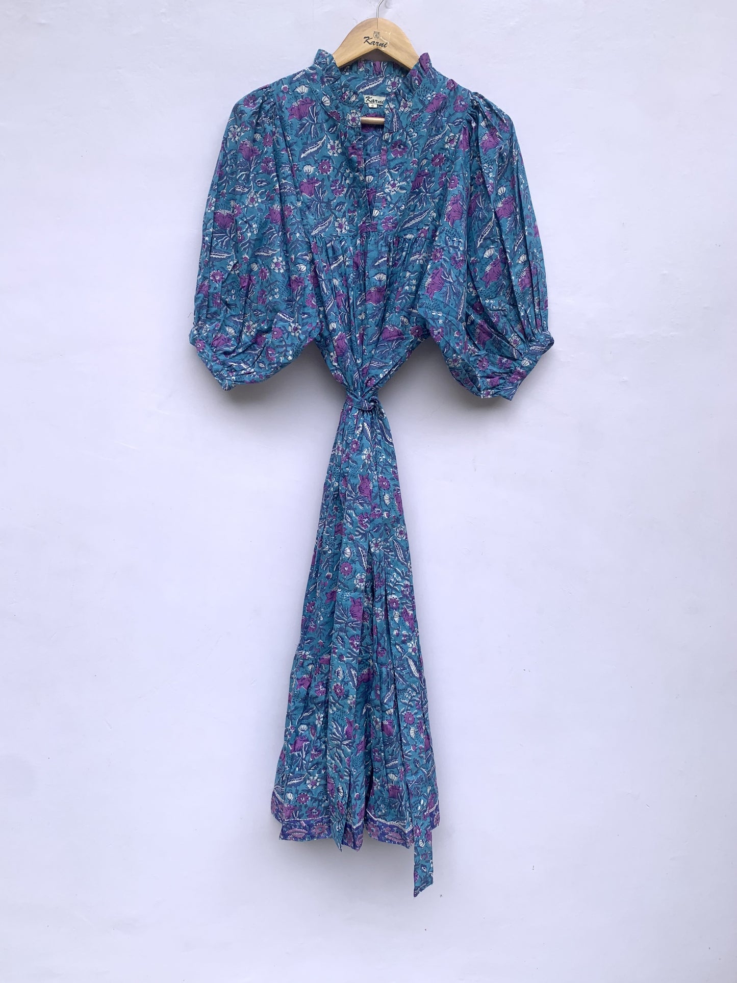 cotton blue-purple floral block printed women's maxi dress - frill collar with belt long maxi dress - 3/4th sleeves boho dress