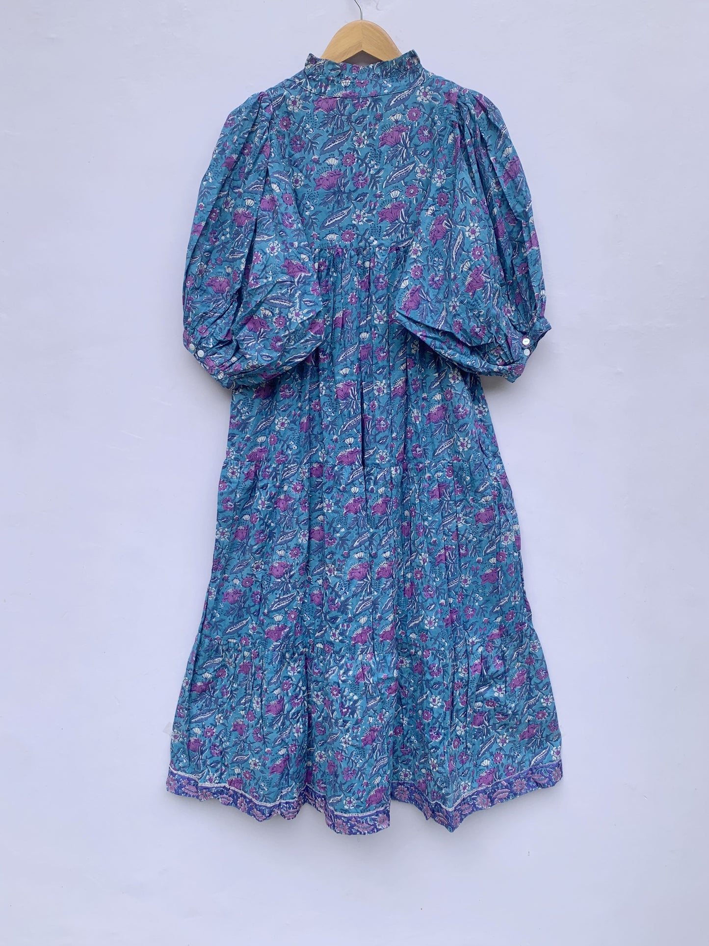 cotton blue-purple floral block printed women's maxi dress - frill collar with belt long maxi dress - 3/4th sleeves boho dress