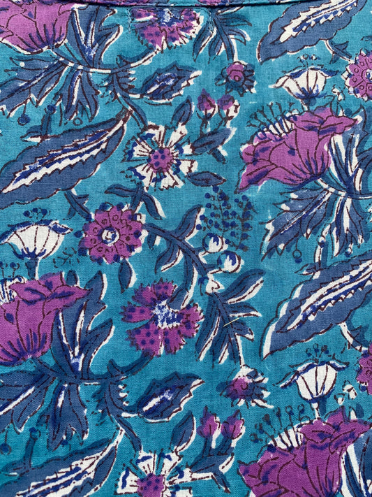 cotton blue-purple floral block printed women's maxi dress - frill collar with belt long maxi dress - 3/4th sleeves boho dress