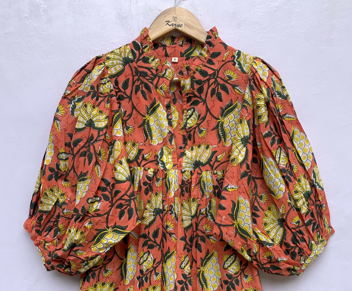 red-yellow floral block printed women's maxi dress - frill collar with belt cotton long dress