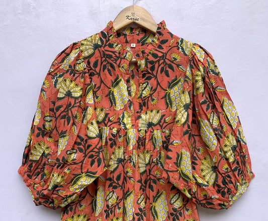 red-yellow floral block printed women's maxi dress - frill collar with belt cotton long dress