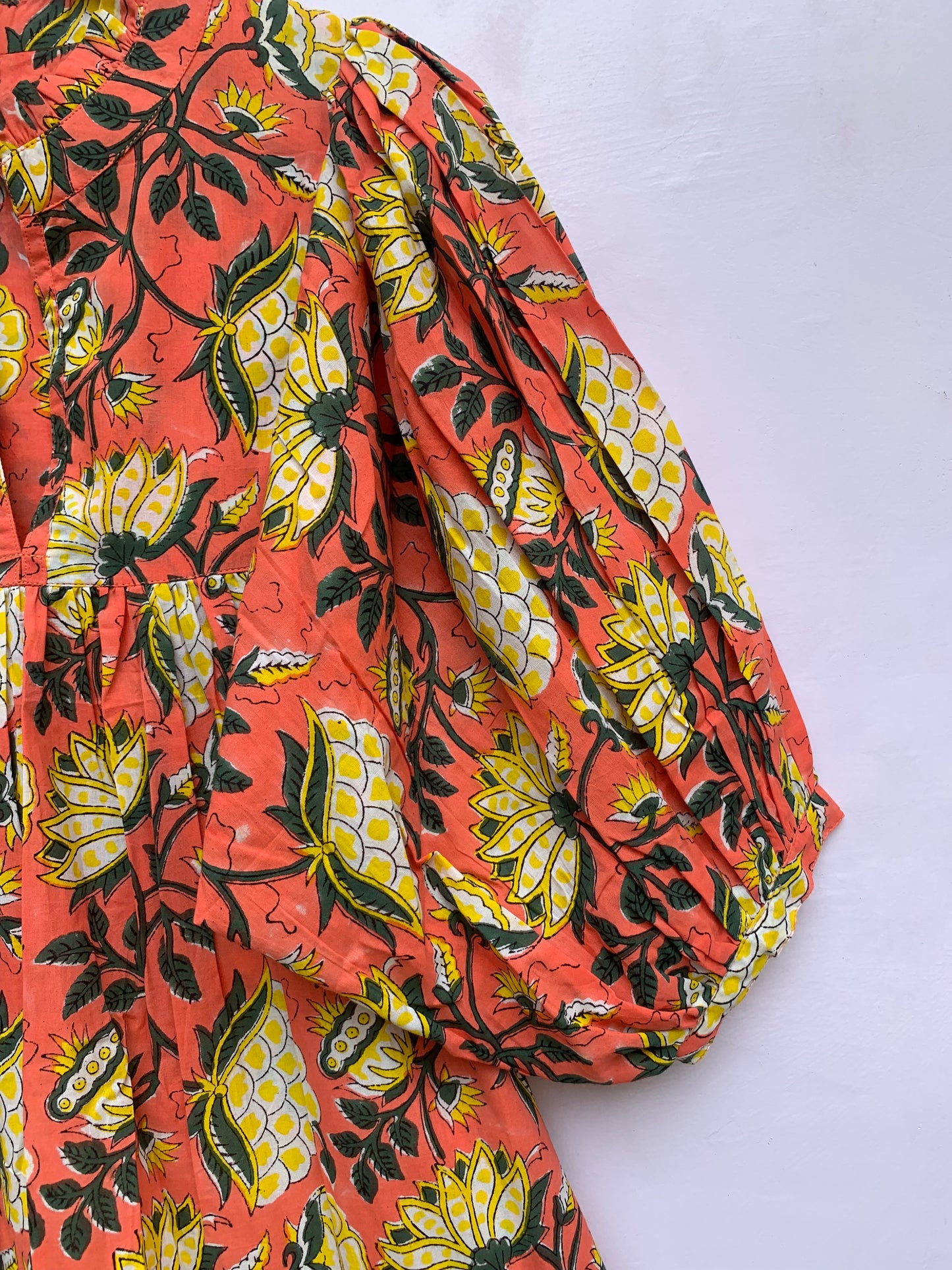 red-yellow floral block printed women's maxi dress - frill collar with belt cotton long dress