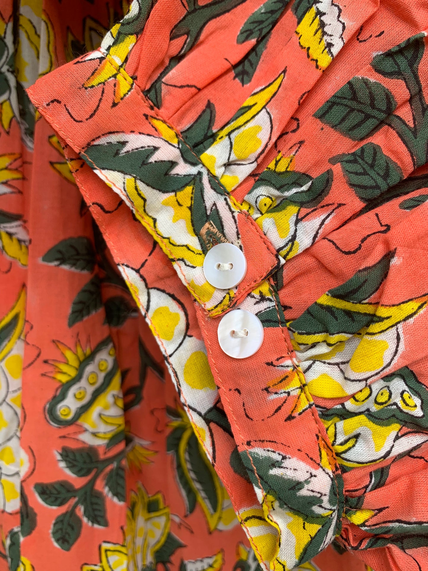 red-yellow floral block printed women's maxi dress - frill collar with belt cotton long dress