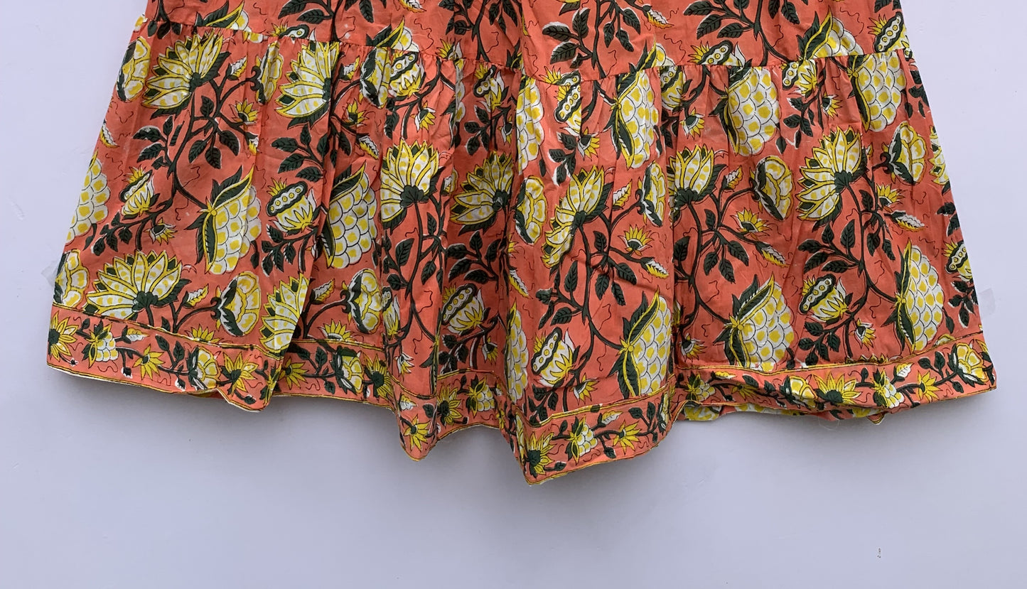 red-yellow floral block printed women's maxi dress - frill collar with belt cotton long dress