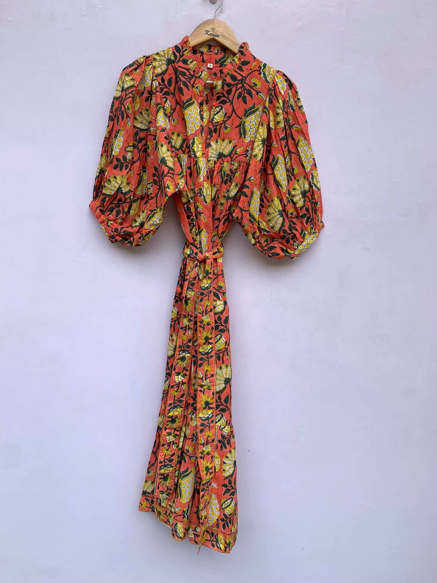 red-yellow floral block printed women's maxi dress - frill collar with belt cotton long dress