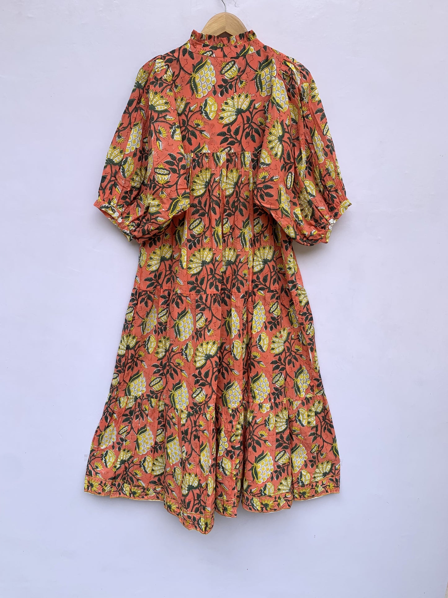 red-yellow floral block printed women's maxi dress - frill collar with belt cotton long dress