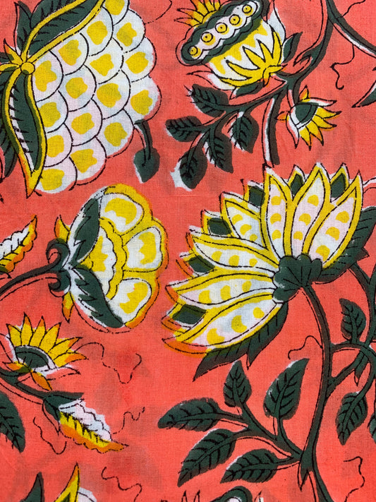 red-yellow floral block printed women's maxi dress - frill collar with belt cotton long dress