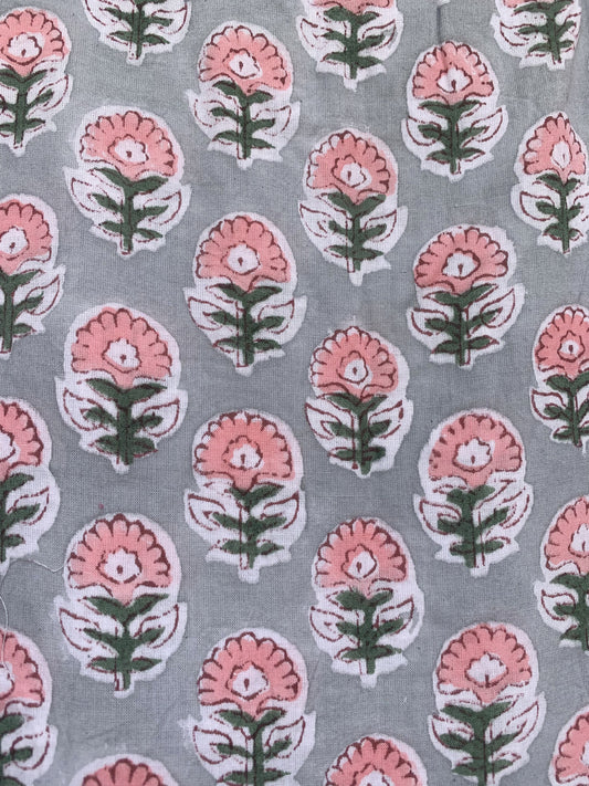 indian gray pink floral hand block printed women's maxi dress