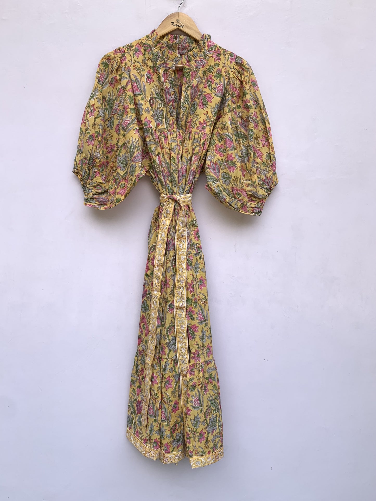 indian yellow-pink floral printed women's maxi dress