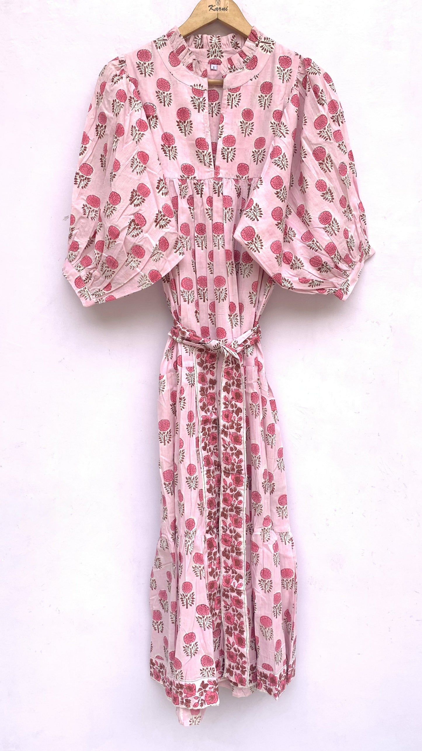 cotton baby pink flower plant printed women's long dress