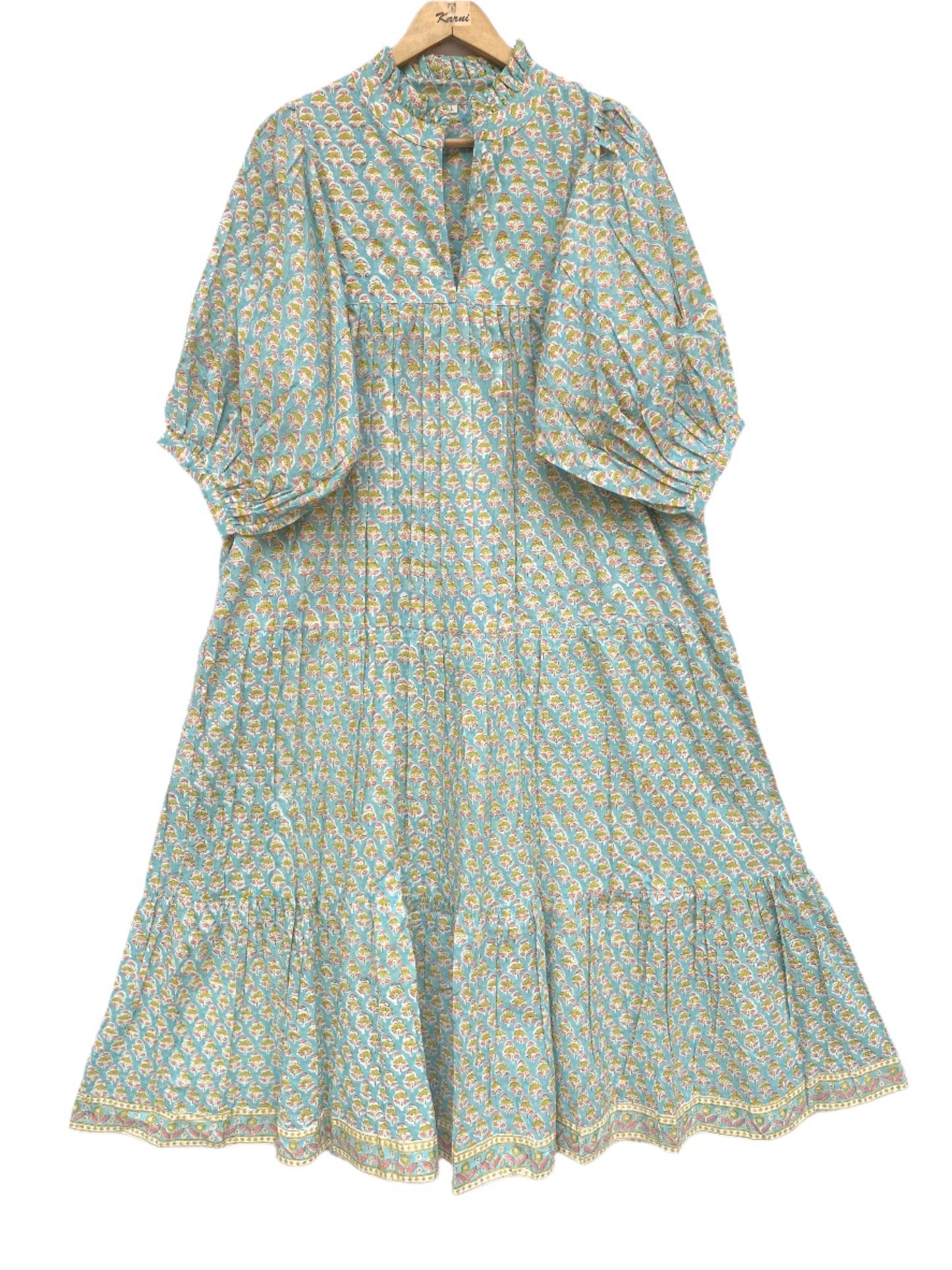 bohemian green yellow floral hand block printed women's maxi dress
