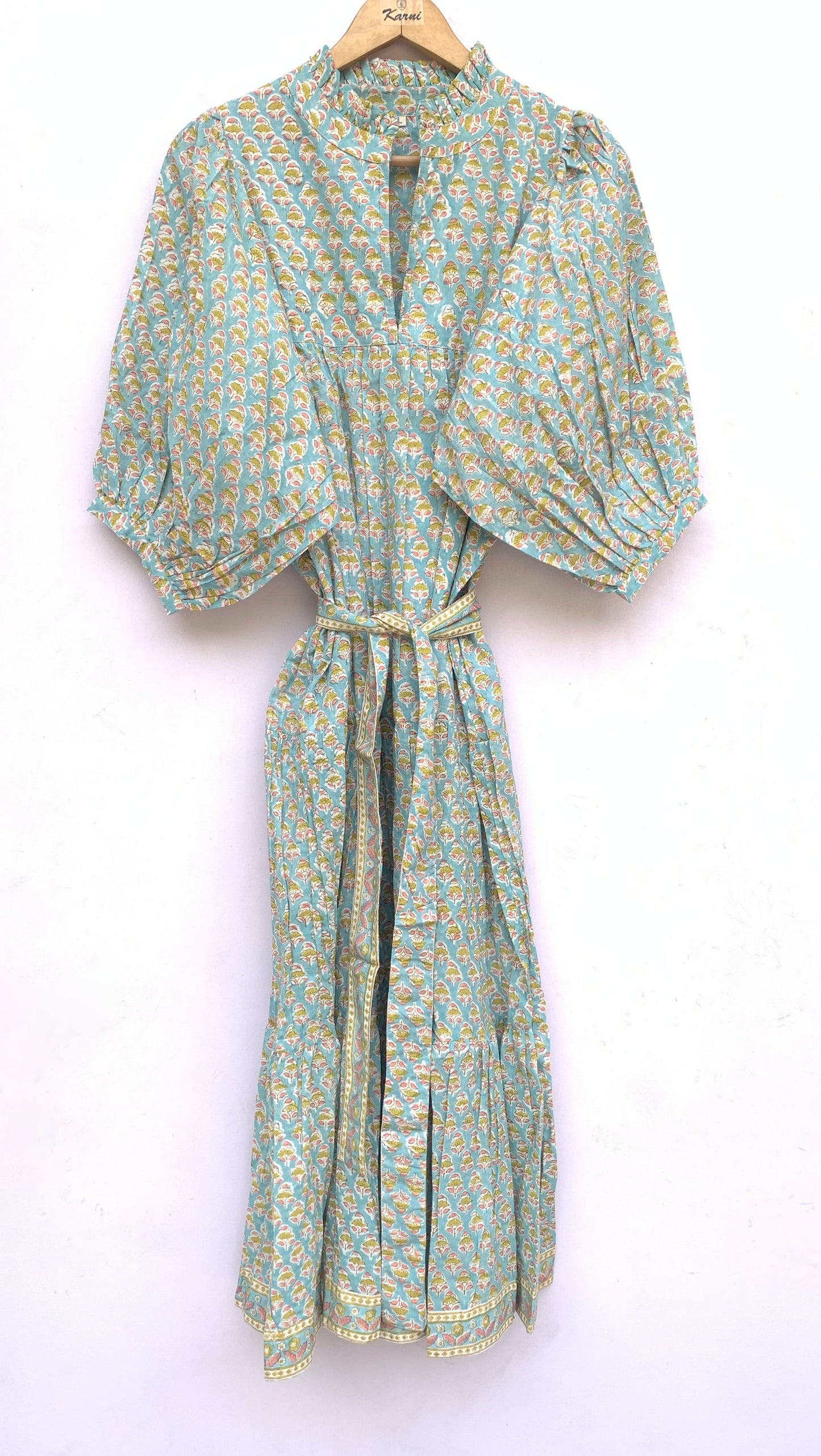 bohemian green yellow floral hand block printed women's maxi dress
