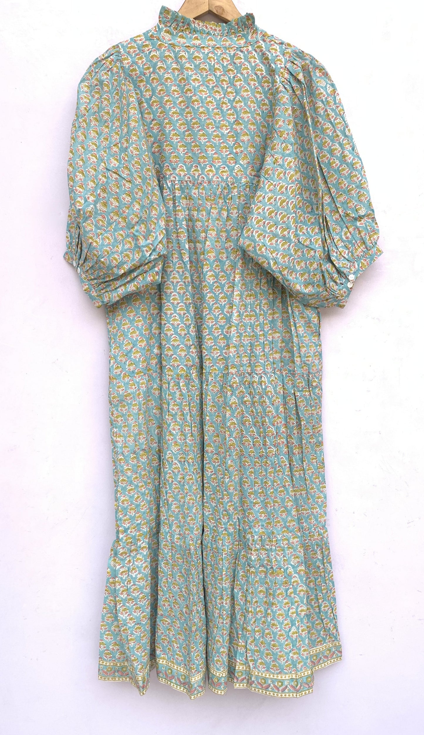 bohemian green yellow floral hand block printed women's maxi dress
