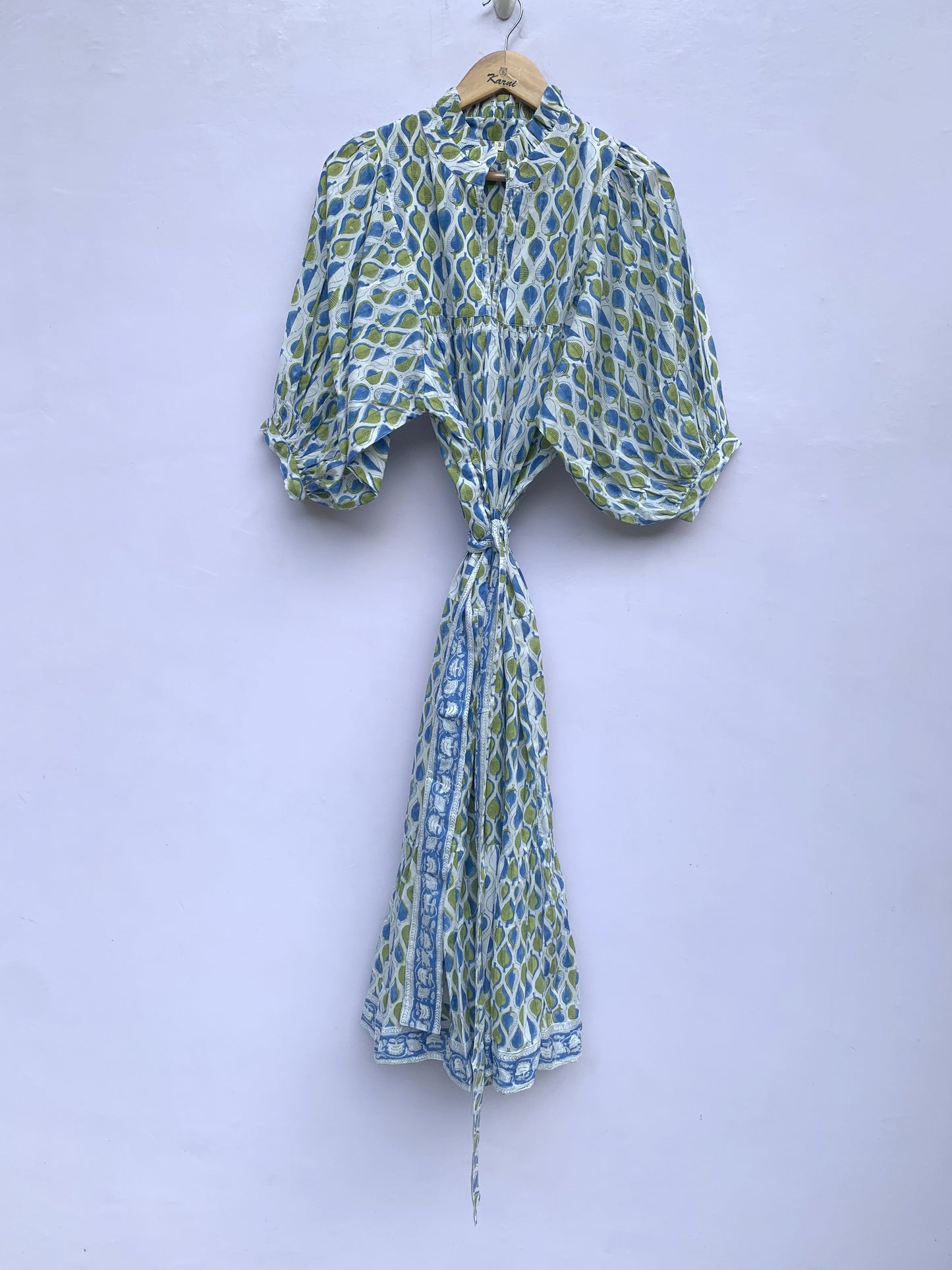 green-blue leaf printed women's long maxi dress