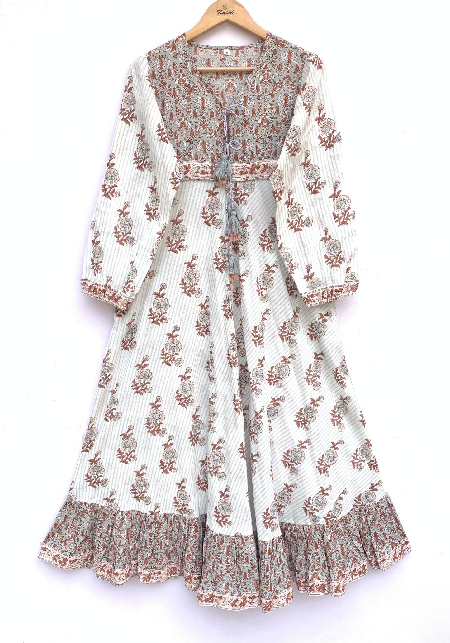 cotton gray brown floral hand block printed women's maxi dress