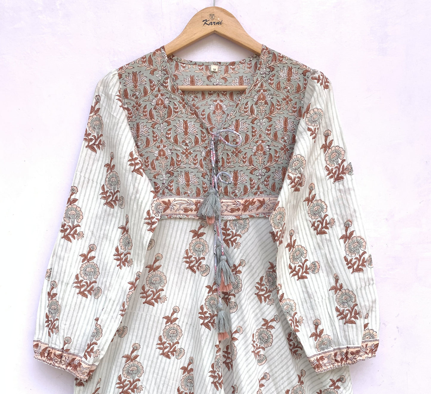 cotton gray brown floral hand block printed women's maxi dress
