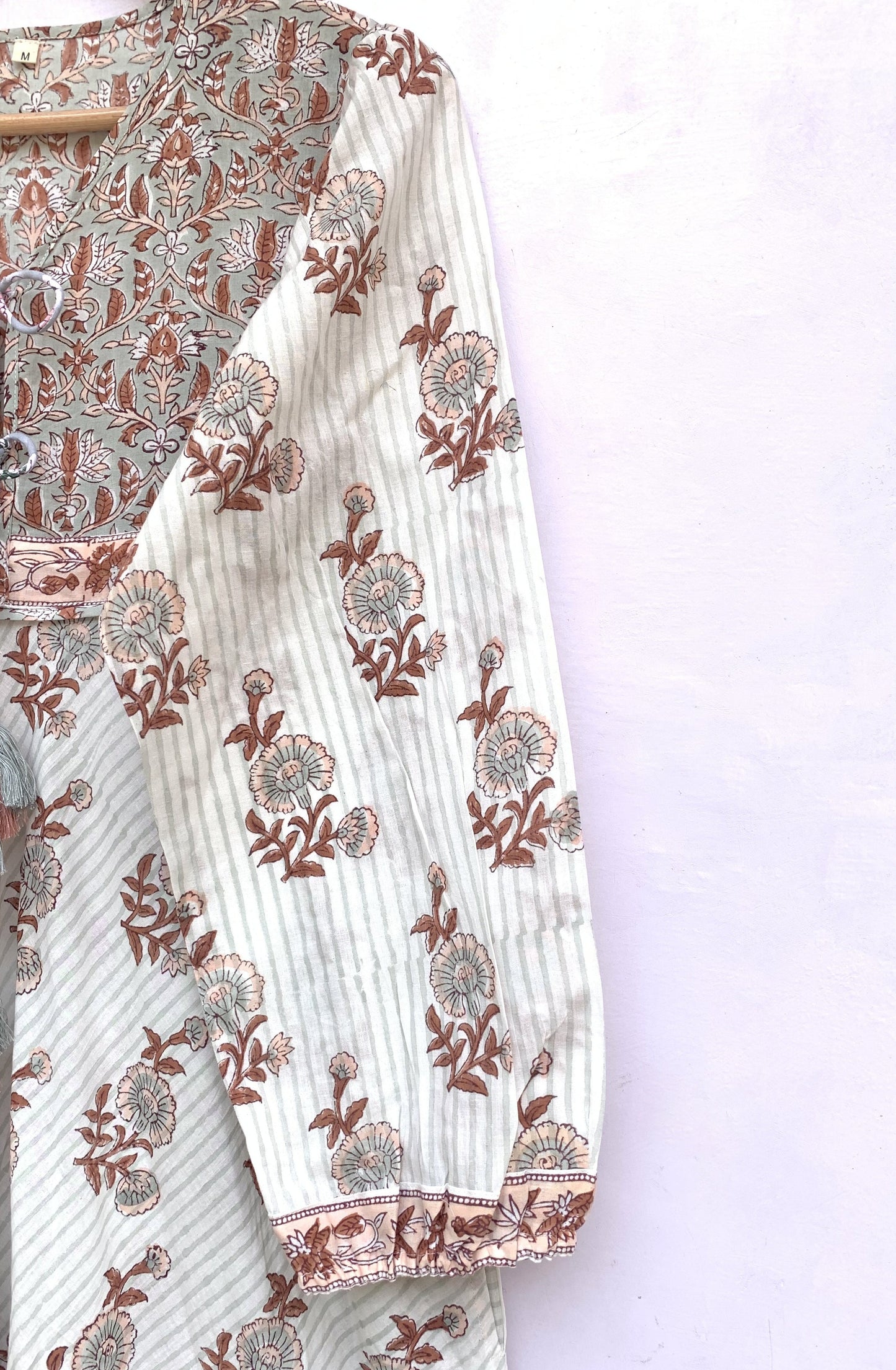 cotton gray brown floral hand block printed women's maxi dress