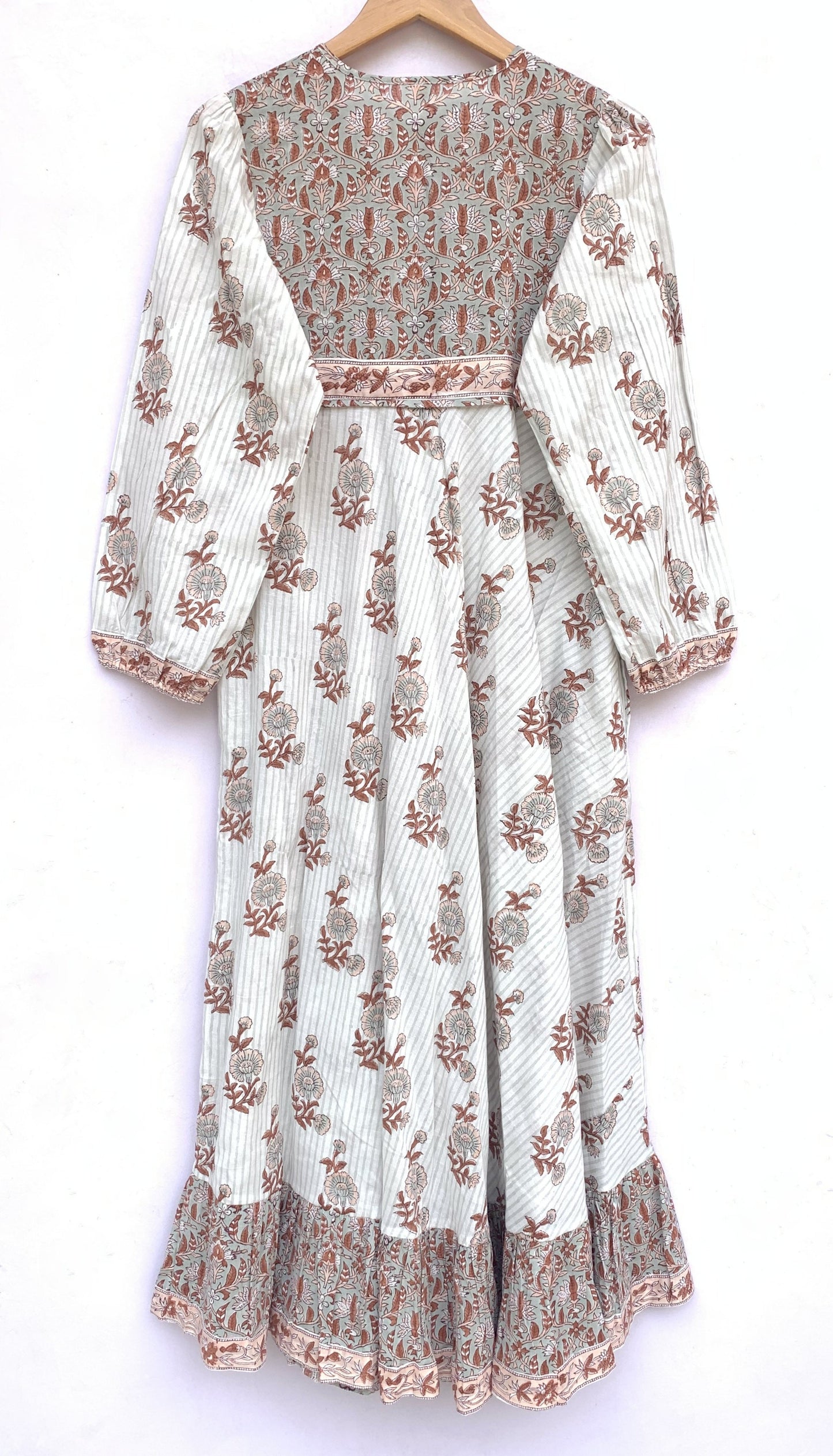 cotton gray brown floral hand block printed women's maxi dress