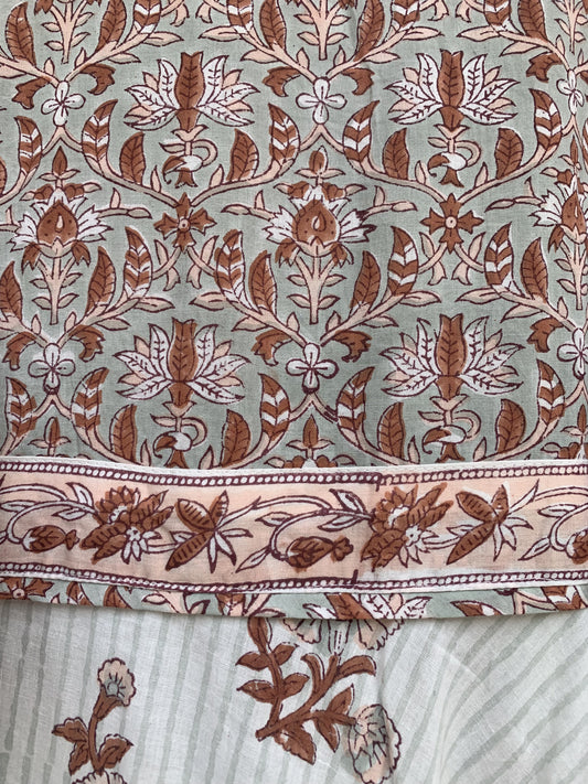 cotton gray brown floral hand block printed women's maxi dress