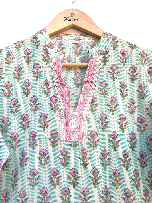 summer blue and pink cotton blouse with lace